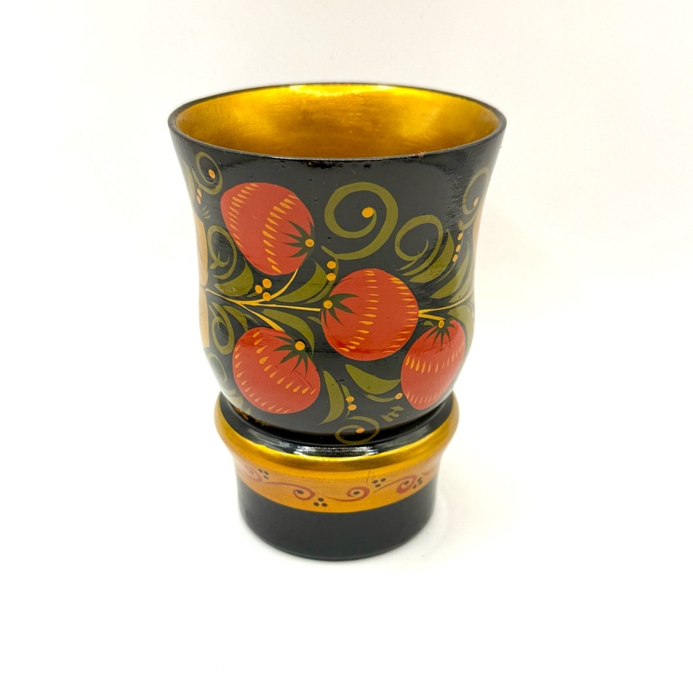 Khokhloma Vintage Wooden Glass Mug Cup 4.5” Tall Russian Folk Art Soviet USSR